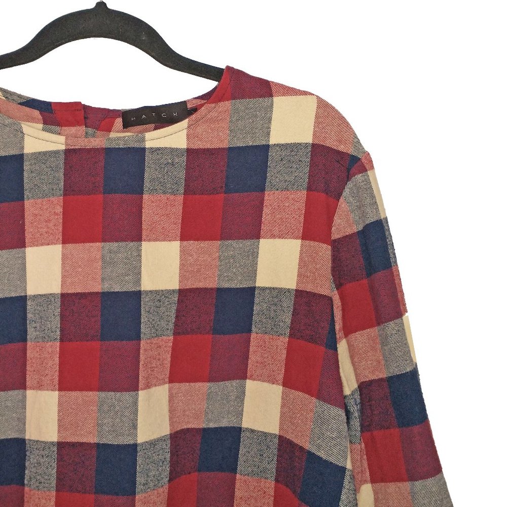 Hatch Maternity Red & Blue Plaid Flannel Bell Sleeve Button Back Blouse